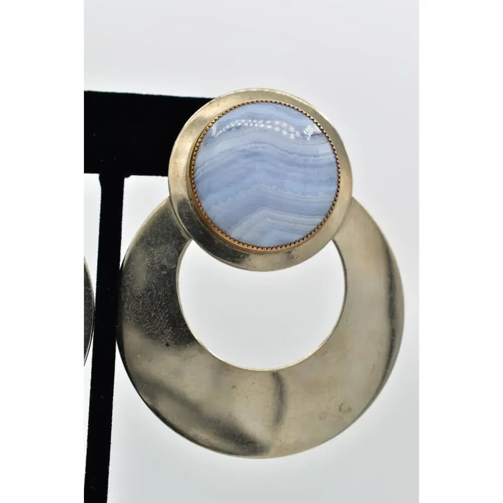 Dizan Diane Blother Vintage Clip On Earrings Blue Lace Agate Chunky Signed BinBK